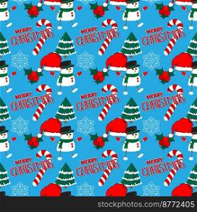 Christmas Seamless pattern winth Snowflake, Sant Hat, Pine Tree and Snowman. Winter Holiday Vector background.
