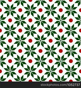 Christmas seamless pattern with abstract geometric ornament in greeen red colors, stars or flowers background. Texture for textile, scrapbook or wrapping paper, new year decoration - vector. chistmas abstract seamless pattern