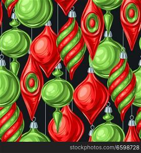 Christmas seamless pattern with balls. Holiday vintage decorations for tree. Greeting celebration background.. Christmas seamless pattern with balls.