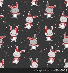 Christmas seamless pattern with bunny background, Winter pattern with rabbit, wrapping paper, pattern fills, winter greetings, web page background, Christmas and New Year greeting cards