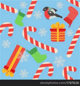 Christmas seamless pattern with candy cane, gift, stocking, bullfinch bird. Christmas wrapping paper.. Christmas seamless pattern with candy cane, gift, stocking, bullfinch bird. Christmas wrapping paper