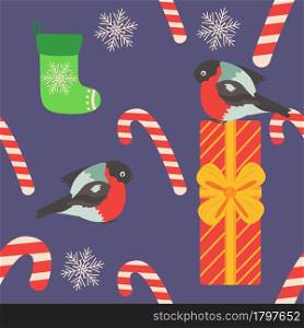 Christmas seamless pattern with candy cane, gift, stocking, bullfinch bird. Christmas wrapping paper. Christmas seamless pattern with candy cane, gift, stocking, bullfinch bird. Christmas wrapping paper.
