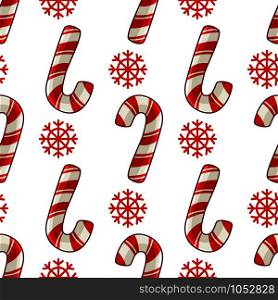Christmas seamless pattern with candy cane or sweet lollipop and snowflakes, red colors, endless texture for print, textile, scrapbook or wrapping paper, cute new year background - vector. vector kawaii Christmas collection