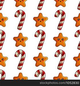 Christmas seamless pattern with candy cane or sweet lollipop, christmas decorative smiling stars, endless texture for print, textile, scrapbook or wrapping paper, new year background - vector. vector kawaii Christmas collection