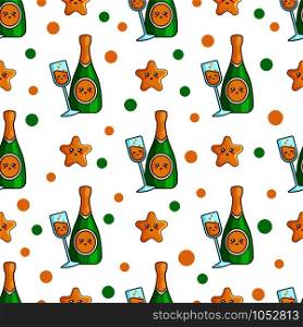Christmas seamless pattern with champagne, celebratory drink - bottle sparkling wine, endless texture for textile, scrapbook or wrapping paper, cute new year decoration - vector. vector kawaii Christmas collection
