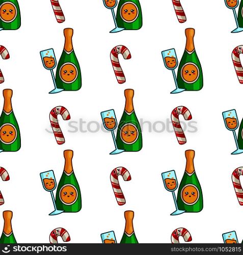 Christmas seamless pattern with champagne, celebratory drink - bottle sparkling wine, endless texture for textile, scrapbook or wrapping paper, cute new year decoration - vector. vector kawaii Christmas collection