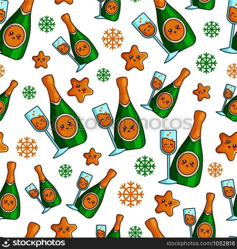 Christmas seamless pattern with champagne, celebratory drink or beverage - bottle sparkling wine, snowflakes, endless texture for textile, scrapbook or wrapping paper, cute new year background vector. vector kawaii Christmas collection