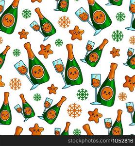 Christmas seamless pattern with champagne, celebratory drink or beverage - bottle sparkling wine, snowflakes, endless texture for textile, scrapbook or wrapping paper, cute new year background vector. vector kawaii Christmas collection