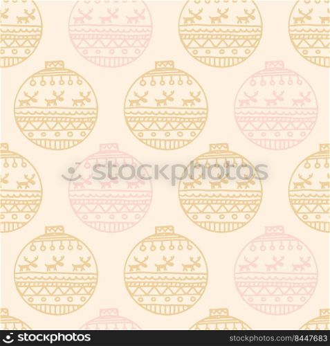 Christmas seamless pattern with Christmas balls in pastel colors. Christmas toys print in scandi style with elk or deer