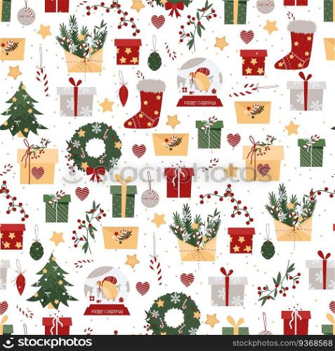 Christmas seamless pattern with Christmas tree, gifts, New Year wreath, envelopes and socks on a white background. New year background with festive elements.. Christmas tree, gifts, New Year wreath, envelopes and socks on a white background. Christmas seamless pattern. New year background with festive hand drawn elements.