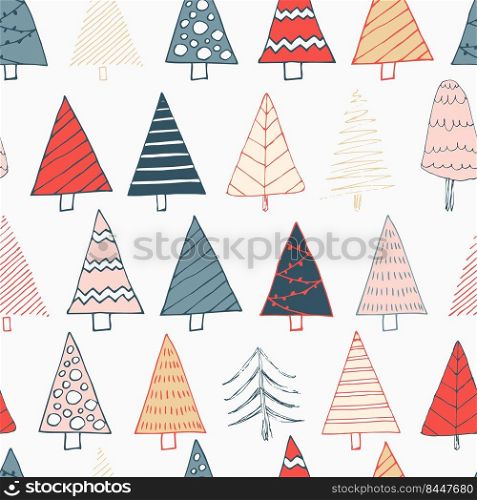 Christmas seamless pattern with Christmas trees and New Year trees. Bright forest print and Christmas mood for baby clothes and postcards