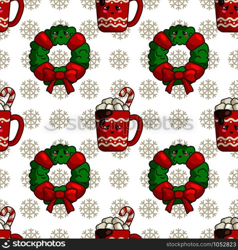 Christmas seamless pattern with cup of hot winter beverage or drink and marshmallows and floral firry wreath, endless texture for textile, scrapbook or wrapping paper, cute new year vector pattern. vector kawaii Christmas collection