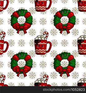 Christmas seamless pattern with cup of hot winter beverage or drink and marshmallows and floral firry wreath, endless texture for textile, scrapbook or wrapping paper, cute new year vector pattern. vector kawaii Christmas collection