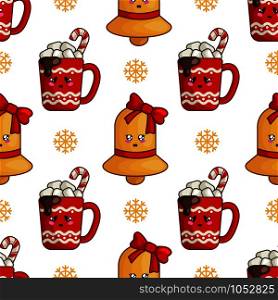 Christmas seamless pattern with cup of hot winter beverage or drink and marshmallows and golden jingle bell with bow, endless texture for textile, scrapbook or wrapping paper, cute new year vector pattern. vector kawaii Christmas collection