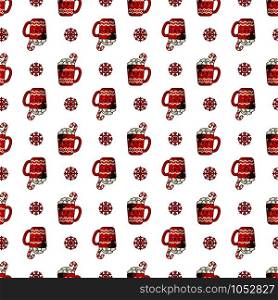 Christmas seamless pattern with cup of hot winter beverage or drink with marshmallows, candy cane, endless texture for textile, scrapbook or wrapping paper, cute new year vector pattern. vector kawaii Christmas collection