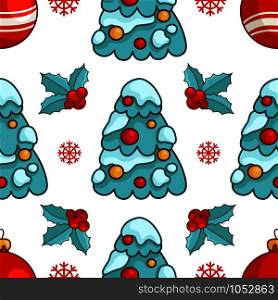 Christmas seamless pattern with cute christmas tree with decorative balls and snow, holly plant - texture for print, textile, scrapbook or wrapping paper, new year background - vector. vector kawaii Christmas collection