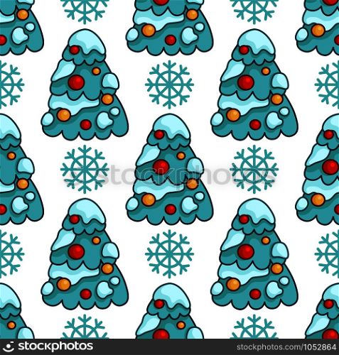 Christmas seamless pattern with cute christmas tree with decorative balls and snow, snowflakes - texture for print, textile, scrapbook or wrapping paper, new year background - vector. vector kawaii Christmas collection