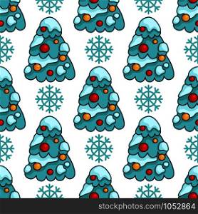 Christmas seamless pattern with cute christmas tree with decorative balls and snow, snowflakes - texture for print, textile, scrapbook or wrapping paper, new year background - vector. vector kawaii Christmas collection