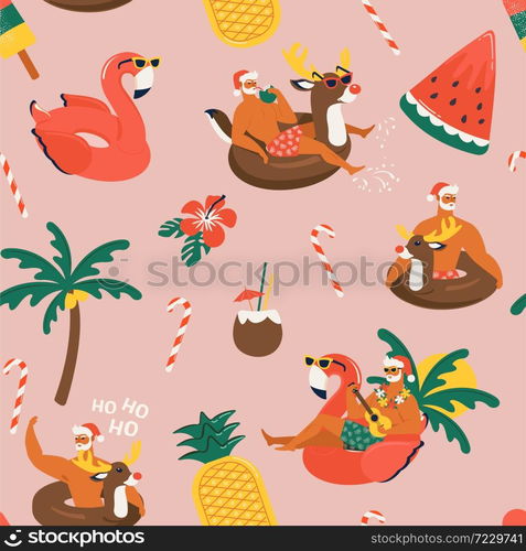 Christmas seamless pattern with cute funny Santa Claus animals with reindeer and flamingo inflatable ring Tropical Christmas. Vector illustration.. Christmas seamless pattern with cute funny Santa Claus animals with reindeer and flamingo inflatable ring. Tropical Christmas. Vector illustration.