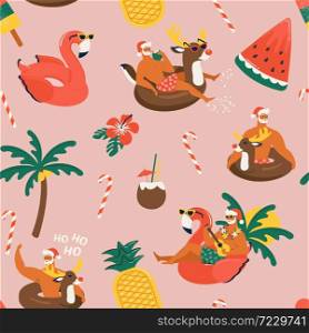 Christmas seamless pattern with cute funny Santa Claus animals with reindeer and flamingo inflatable ring Tropical Christmas. Vector illustration.. Christmas seamless pattern with cute funny Santa Claus animals with reindeer and flamingo inflatable ring. Tropical Christmas. Vector illustration.
