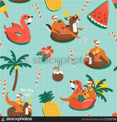 Christmas seamless pattern with cute funny Santa Claus animals with reindeer and flamingo inflatable ring. Tropical Christmas. Vector illustration.. Christmas seamless pattern with cute funny Santa Claus animals with reindeer and flamingo inflatable ring. Tropical Christmas Vector illustration.