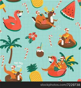 Christmas seamless pattern with cute funny Santa Claus animals with reindeer and flamingo inflatable ring. Tropical Christmas. Vector illustration.. Christmas seamless pattern with cute funny Santa Claus animals with reindeer and flamingo inflatable ring. Tropical Christmas Vector illustration.