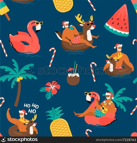 Christmas seamless pattern with cute funny Santa Claus animals with reindeer and flamingo inflatable ring. Tropical Christmas. Vector illustration. Christmas seamless pattern with cute funny Santa Claus animals with reindeer and flamingo inflatable ring. Tropical Christmas. Vector illustration.