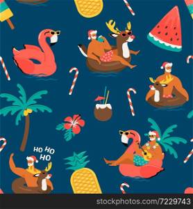 Christmas seamless pattern with cute funny Santa Claus animals with reindeer and flamingo inflatable ring. Tropical Christmas. Vector illustration. Christmas seamless pattern with cute funny Santa Claus animals with reindeer and flamingo inflatable ring. Tropical Christmas. Vector illustration.