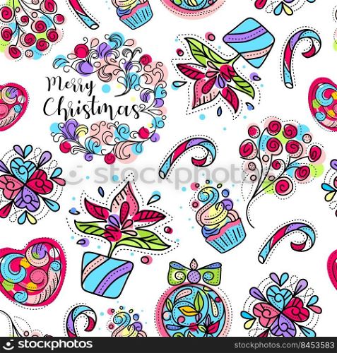 Christmas seamless pattern with cute illustrations and lettering. Christmas seamless pattern with cute illustrations