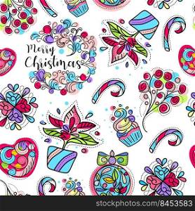 Christmas seamless pattern with cute illustrations and lettering. Christmas seamless pattern with cute illustrations