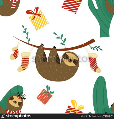Christmas Seamless pattern with cute sloths, holiday socks and gifts. Christmas Seamless pattern with cute sloths