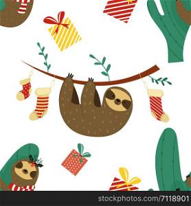 Christmas Seamless pattern with cute sloths, holiday socks and gifts. Christmas Seamless pattern with cute sloths
