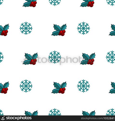 Christmas seamless pattern with cute winter plant and berry - holly, snowflakes, cartoon objects in abstract pattern, endless texture for textile, scrapbook or wrapping paper, new year decoration - vector. vector kawaii Christmas collection