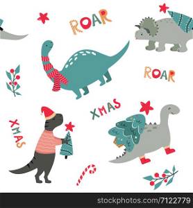 Christmas seamless pattern with dinos. Holiday festive print. Childish vector illustration. Christmas seamless pattern with dino Holiday print