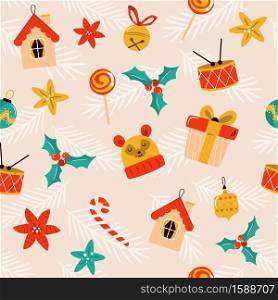 Christmas seamless pattern with festive decorative elements and symbols. Holiday background for your designs.. Christmas seamless pattern with festive decorative elements and symbols.