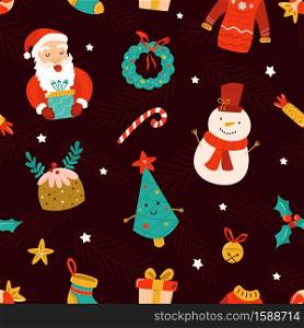 Christmas seamless pattern with festive decorative elements, Santa Claus, snowman and winter symbols. Holiday background for your designs.. Christmas seamless pattern with festive decorative elements, Santa Claus, snowman and winter symbols.