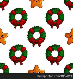 Christmas seamless pattern with floral firry wreath, bow and kawaii stars, endless texture for textile, scrapbook or wrapping paper, cute new year decoration - vector. vector kawaii Christmas collection