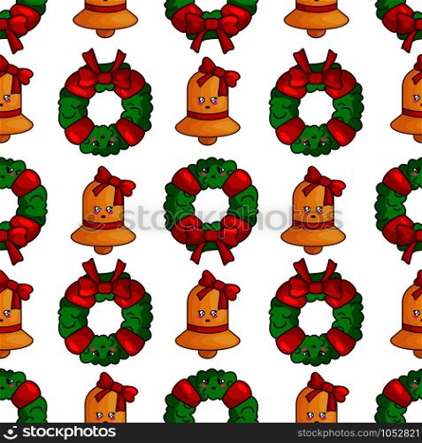 Christmas seamless pattern with floral firry wreath, red bow and golden bell, endless texture for textile, scrapbook or wrapping paper, cute new year decoration - vector. vector kawaii Christmas collection