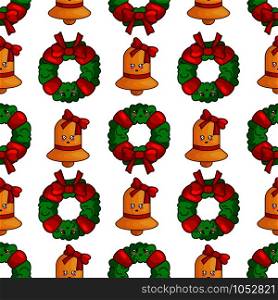 Christmas seamless pattern with floral firry wreath, red bow and golden bell, endless texture for textile, scrapbook or wrapping paper, cute new year decoration - vector. vector kawaii Christmas collection
