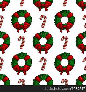 Christmas seamless pattern with floral firry wreath, red ribbon and bow, sweet candy cane, endless texture for textile, scrapbook or wrapping paper, cute new year background - vector illustration. vector kawaii Christmas collection