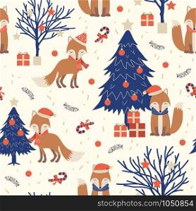 Christmas seamless pattern with fox background, Winter pattern with christmas tree, wrapping paper, pattern fills, winter greetings, web page background, Christmas and New Year greeting cards