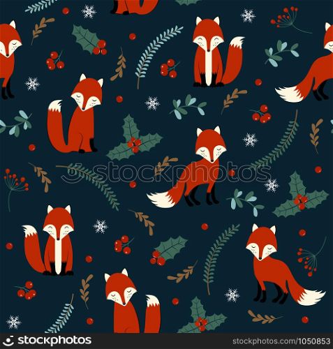 Christmas seamless pattern with fox background, Winter pattern with holly berry, wrapping paper, pattern fills, winter greetings, web page background, Christmas and New Year greeting cards
