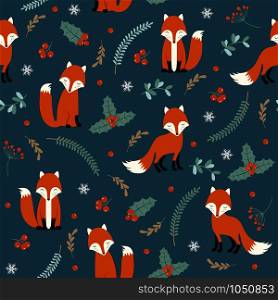 Christmas seamless pattern with fox background, Winter pattern with holly berry, wrapping paper, pattern fills, winter greetings, web page background, Christmas and New Year greeting cards