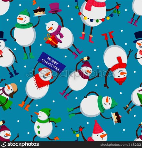 Christmas seamless pattern with funny characters of snowman. Funny cartoon christmas snowman. Vector illustration. Christmas seamless pattern with funny characters of snowman