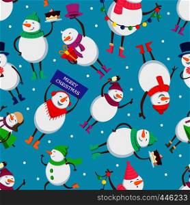 Christmas seamless pattern with funny characters of snowman. Funny cartoon christmas snowman. Vector illustration. Christmas seamless pattern with funny characters of snowman