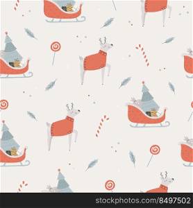 Christmas seamless pattern with funny deers in sweaters, holiday sledges and fir trees. Holiday design for fabrics, gift boxes, wrapping paper.. Christmas seamless pattern with funny deers in sweaters, holiday sledges and fir trees