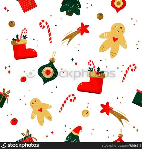 Christmas seamless pattern with funny elements. For wrapping paper, decorations, greeting cards. Christmas seamless pattern with funny cute elements