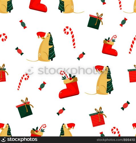 Christmas seamless pattern with funny mice. For wrapping paper, decorations, greeting cards. Chinese New Year concept. Christmas seamless pattern with a funny mice