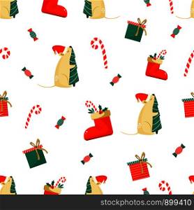Christmas seamless pattern with funny mice. For wrapping paper, decorations, greeting cards. Chinese New Year concept. Christmas seamless pattern with a funny mice
