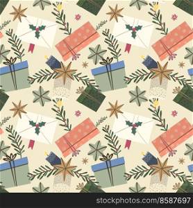 Christmas seamless pattern with gifts and envelopes